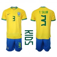 Brasilien Thiago Silva #3 Hemmadräkt Barn VM 2022 Kortärmad (+ Korta byxor)